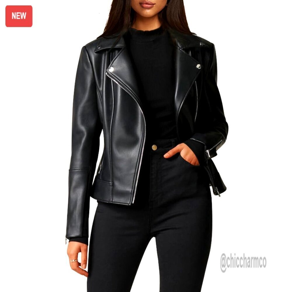 Faux Leather Motorcycle Jacket, Stretchy Sleeves, Asymmetrical Zipper, Sizes